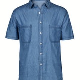 kkboxly  Men's Denim Dress Cotton Shirt Button Up Short Sleeve Shirt
