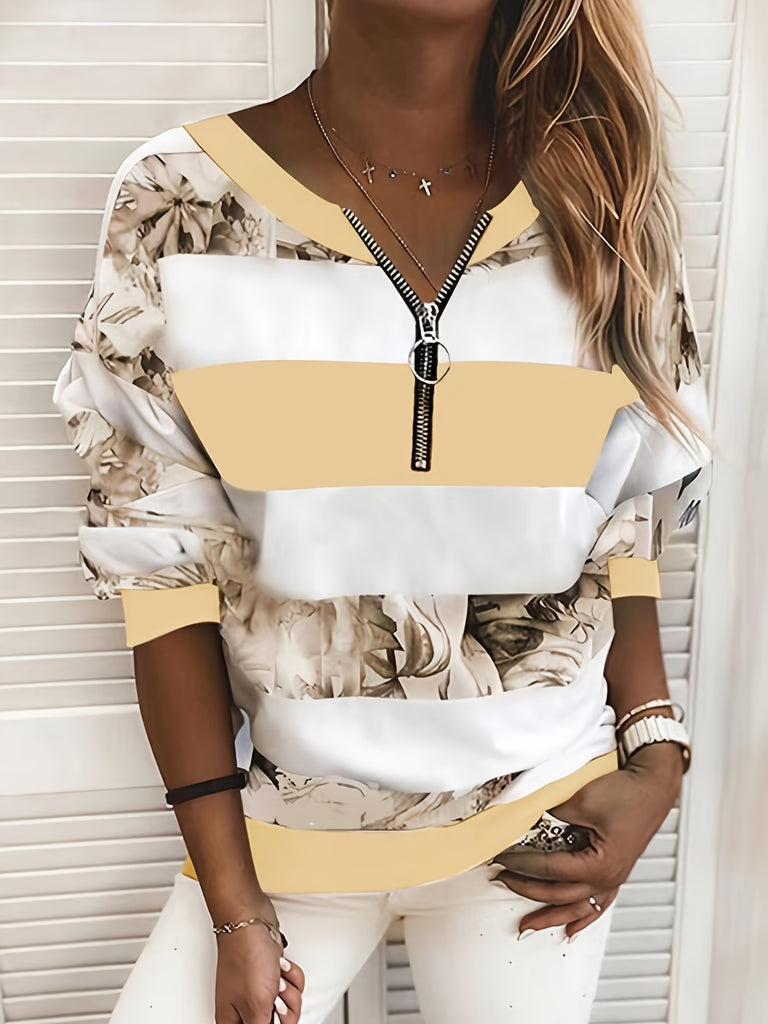 kkboxly  Floral Print Striped Zipper Pullover Sweatshirt, Casual Long Sleeve Sweatshirt For Fall & Winter, Women's Clothing