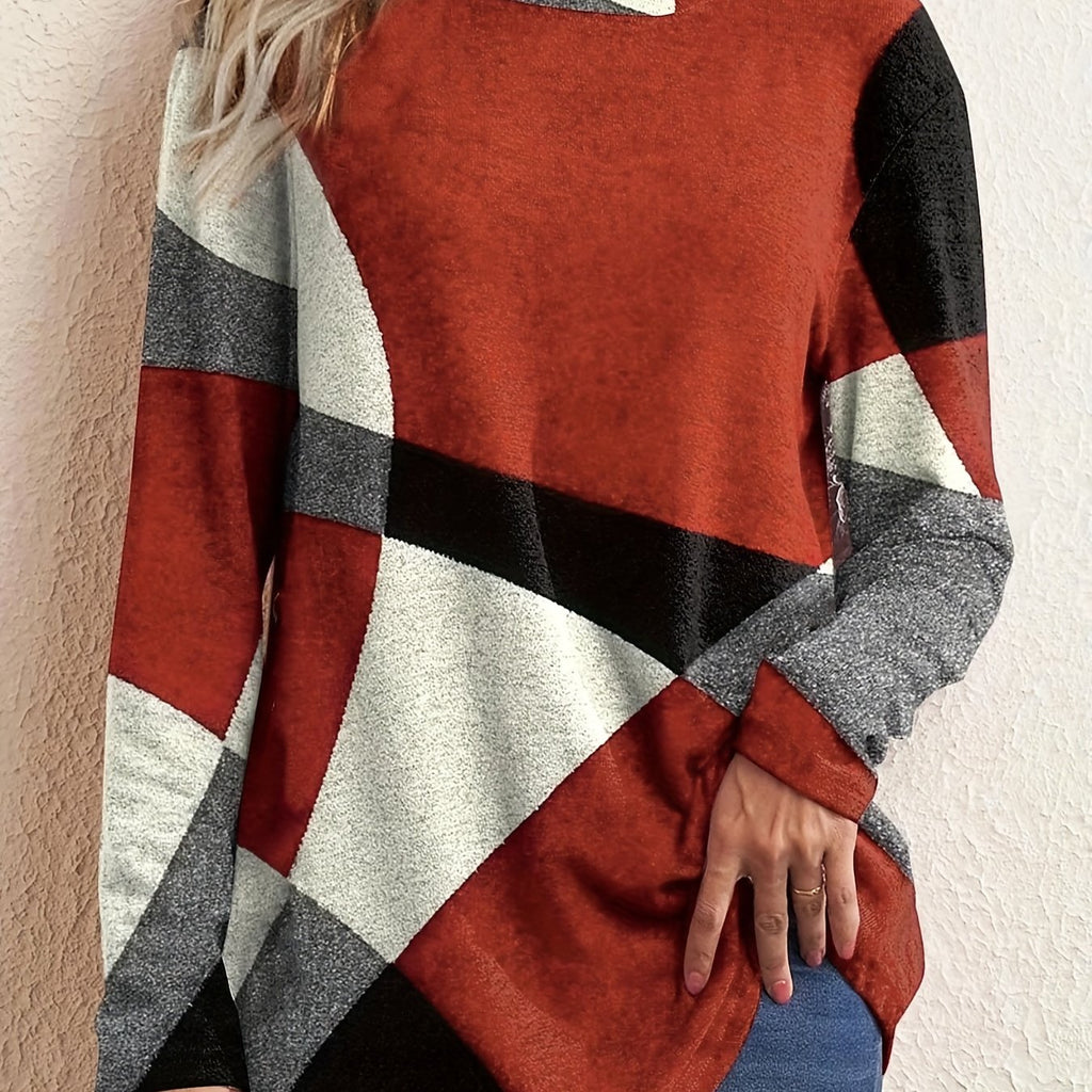 kkboxly  Color Block Geo Print T-shirt, Long Sleeve Crew Neck Casual Top For Spring & Fall, Women's Clothing