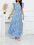 2025 kkboxly  Ditsy Floral Print Dress, Vacation Boho V Neck Ruffle Trim Short Sleeve High Waist Maxi Dress, Women's Clothing