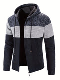 kkboxly  Color Block Hooded Cardigan Jacket, Men's Casual Stylish Slightly Stretch Zip Up Sweater For Spring Fall