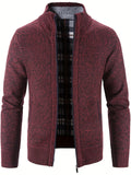 kkboxly  Warm Stand Collar Fleece Jacket, Men's Casual Comfortable Solid Color Zip Up Knitted Cardigan For Spring Fall