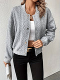 Solid Cable Knit Bomber Jacket, Casual Button Front Long Sleeve Outerwear, Women's Clothing