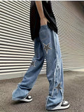 Men's Vintage Style Stars Pattern Loose Denim Pants With Pockets, Casual Breathable Cotton Blend Straight Leg Jeans For Spring Fall