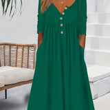 kkboxly  Dual Pockets Button Dress, Casual Crew Neck Long Sleeve Dress, Women's Clothing