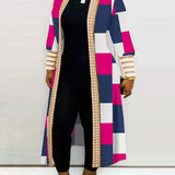 kkboxly  Plus Size Colorblock Longline Coat, Women's Plus Slight Stretch Casual Trench Coat