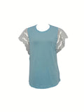 kkboxly  Contrast Lace Ruffle Trim T-shirt, Casual Crew Neck T-shirt For Spring & Summer, Women's Clothing