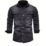 kkboxly  Men's Denim Shirt Solid Color Thick Long Sleeve Button Down Shirt Spring Autumn Jeans Shirt