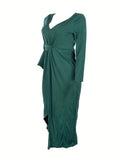 kkboxly  Solid Twist Dress, Sexy V Neck Split Hem Long Sleeve Party Dress, Women's Clothing