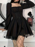 kkboxly  Lace Up Square Neck Flared Dress, Gothic Lolita Ruffle Trim Lantern Dress, Women's Clothing