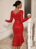 kkboxly  Backless Contrast Sequin Dress, Casual Mermaid Hem Long Sleeve Party Dress, Women's Clothing