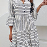 kkboxly  Tribal Stripe Print Dress, Casual V Neck Flared Sleeve Dress, Women's Clothing