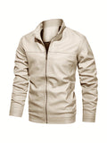 kkboxly  Trendy Casual Fuax Leather Zip Up Bomber Jacket With Zipper Pockets, Men's PU Jacket For Spring Fall Outdoor