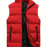 kkboxly  Warm Winter Vest, Men's Casual Zipper Pockets Stand Collar Zip Up Cotton Padded Vest For Fall Winter