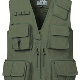 kkboxly  Zipper Pockets Cargo Vest, Men's Casual Street Style Zip Up Vest For Spring Summer Outdoor Fishing Photography