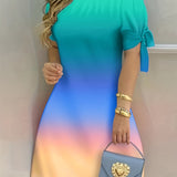 kkboxly  Color Block Off Shoulder Dress, Elegant Backless Short Sleeve Dress For Spring & Summer, Women's Clothing