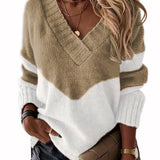 Color Block Simple Knit Sweater, Casual V Neck Long Sleeve Sweater, Women's Clothing