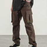 kkboxly  Men's Casual Cargo Pants, Regular Multi Pocket Waist Drawstring Work Pants For Outdoor Activities