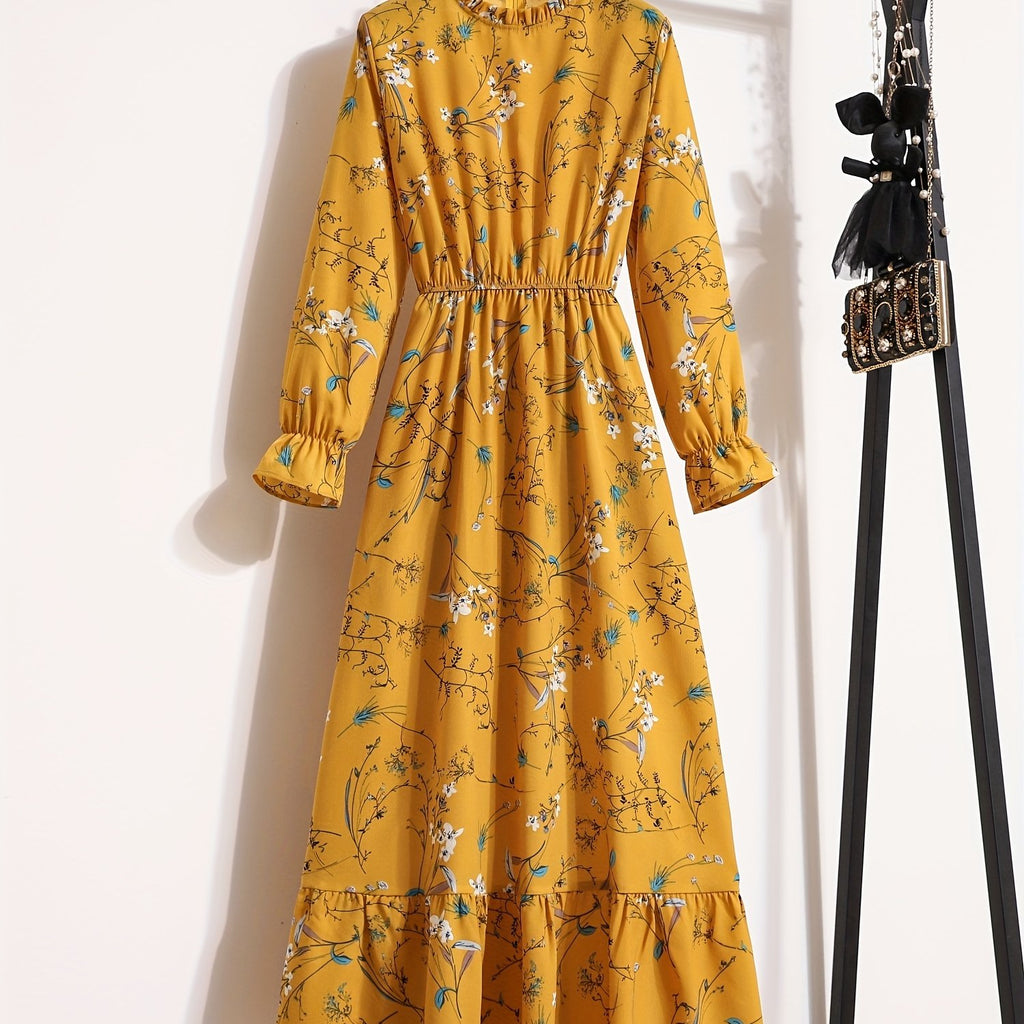 Kkboxly   Floral Print Ruffle Trim Dress, Elegant Stand Collar Long Sleeve Maxi Dress, Women's Clothing