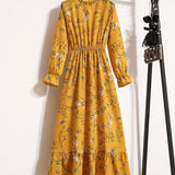 Kkboxly   Floral Print Ruffle Trim Dress, Elegant Stand Collar Long Sleeve Maxi Dress, Women's Clothing