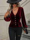 kkboxly Solid Button Decor Velvet V-neck Blouse, Vintage Lantern Sleeve Blouse For Spring & Fall, Women's Clothing