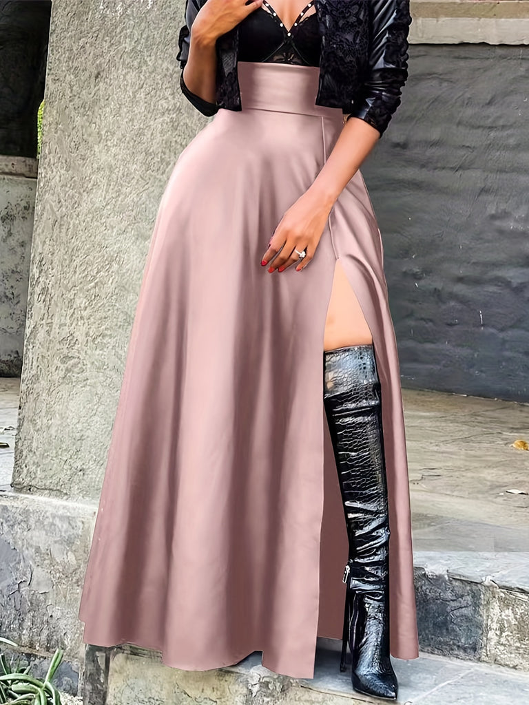 High Waist PU Leather Skirt, Sexy Side Slit Casual Skirt For Spring & Summer, Women's Clothing
