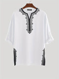 kkboxly  Men's Casual T Shirts Long Sleeve V-Neck Tees, Ethnic Style Floral Graphic Tops For Males, Vintage Loose Floral T-Shirts, Plus Size