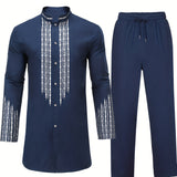 kkboxly Men's African 2 Pcs Set Long Sleeve Gold Print Cotton Dashiki And Pants Outfit Traditional Suit