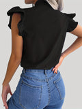 kkboxly Tie Neck Cap Sleeve Blouse, Casual Solid Ruffle Trim Blouse, Women's Clothing