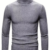 kkboxly Turtle Neck Knitted Slim Fit Sweater, Men's Casual Warm Solid High Stretch Pullover Sweater For Fall Winter