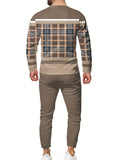 kkboxly  Men's Casual 2pcs Set, Chic Plaid Long Sleeve T-shirt + Joggers Matching Set For Running Fitness