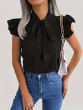 kkboxly Tie Neck Cap Sleeve Blouse, Casual Solid Ruffle Trim Blouse, Women's Clothing
