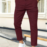 Men's Work Pockets Button Fly Pleated Line Slim Fit Trousers
