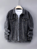 kkboxly  Classic Design Denim Jacket, Men's Casual Street Style Lapel Button Up Contrast Stitching Denim Jackets For Spring Fall