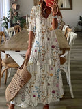 Kkboxly  Ikat Print Drawstring Dress, Boho Ruffle Trim V Neck Half Sleeve Summer Dress, Women's Clothing