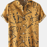 kkboxly  Men's Casual Flax Tie Doodle Style Short Sleeve Shirt, Male Hawaiian Shirt For Summer Beach Vacation