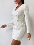 kkboxly Plaid Print Button Detail Dress, Elegant Long Sleeve Dress For Party & Banquet, Women's Clothing