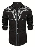 kkboxly 98% Cotton Elegant Western Cowboy Men's Casual Long Sleeve Embroidered Shirt, Men's Shirt For Spring Fall Vacation Resort, Tops For Men