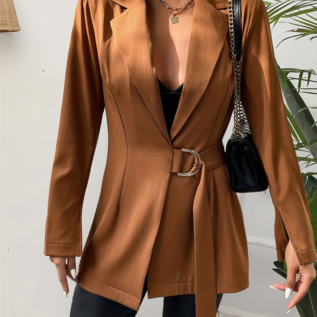 Lapel Tie Front Blazer, Casual Solid Long Sleeve Work Office Outerwear, Women's Clothing