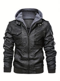 kkboxly  Men's PU Leather Hooded Pockets Zipper Long Sleeves Jackets