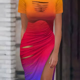 Cut Out Drawstring Dress, Sexy Bodycon Split Short Sleeve Dress, Women's Clothing