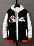 Retro Letter Print Preppy Varsity Jacket, Men's Casual Baseball Jacket Coat Regular Fit College Hipster Windbreaker For Spring Autumn