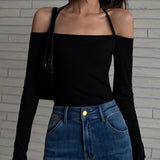 kkboxly  Halter Neck Solid T-Shirt, Casual Long Sleeve Top For Spring, Women's Clothing