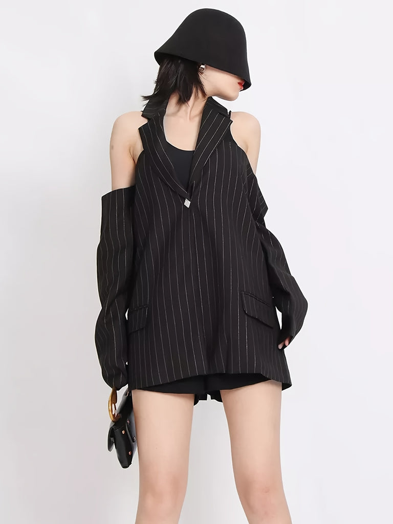 kkboxly  Striped Blazers For Women Halter Collar Long Sleeve Off Shoulder Backless Blazer