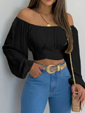 kkboxly  Solid Cross Tie Back Crop Blouse, Casual Off Shoulder Long Sleeve Top, Women's Clothing