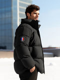 kkboxly  Paris Eiffel Tower Pattern Men's Padded Jacket, Men Casual Padded Coat Windbreaker Zipper Pocket Stand Collar For Men Winter