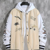 kkboxly Letter Print Varsity Jacket, Men's Casual Baseball Jacket Coat Regular Fit College Hipster Windbreaker For Spring Autumn