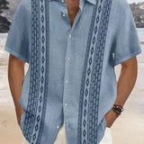 kkboxly  Plus Size Men's Vintage Geometric Ethnic Pattern Button Down Shirts, Lapel Hawaiian Summer Clothings For Party Holiday