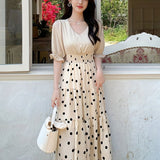 kkboxly  Polka Dot Tiered Maxi Dress, Half Sleeve V Neck Random Print Casual Dress, Women's Clothing