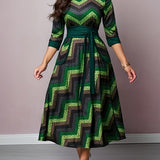 kkboxly  Geo Print Tie Front Dress, Casual Pocket Crew Neck Half Sleeve Dress, Women's Clothing